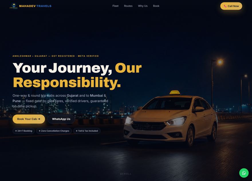 Mahadev Travels homepage — taxi service website built by Mkista