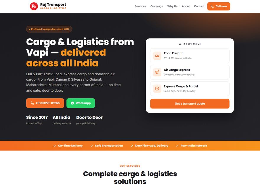 Raj Transport cargo and logistics website