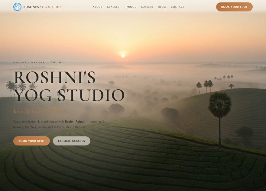 Roshni's Yog Studio homepage — yoga studio website built by Mkista