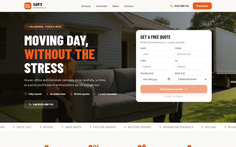 Sam's Removals homepage — removalist website built by Mkista